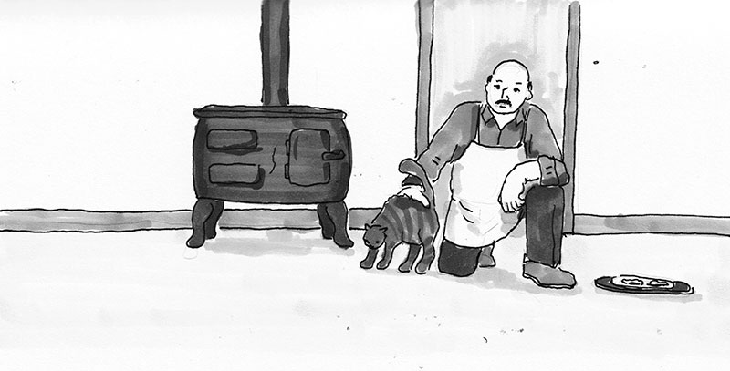 Leopold Bloom petting a cat in his kitchen